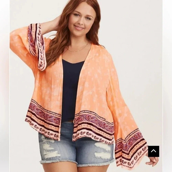 Torrid boho Border Print Gauze open front flared sleeve Kimono - Picture 1 of 10